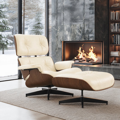 Mid Century Genuine Leather Chaise Lounge Chair with Ottoman and Solid Wood Frame for Living Room, Study Room, Guest Room