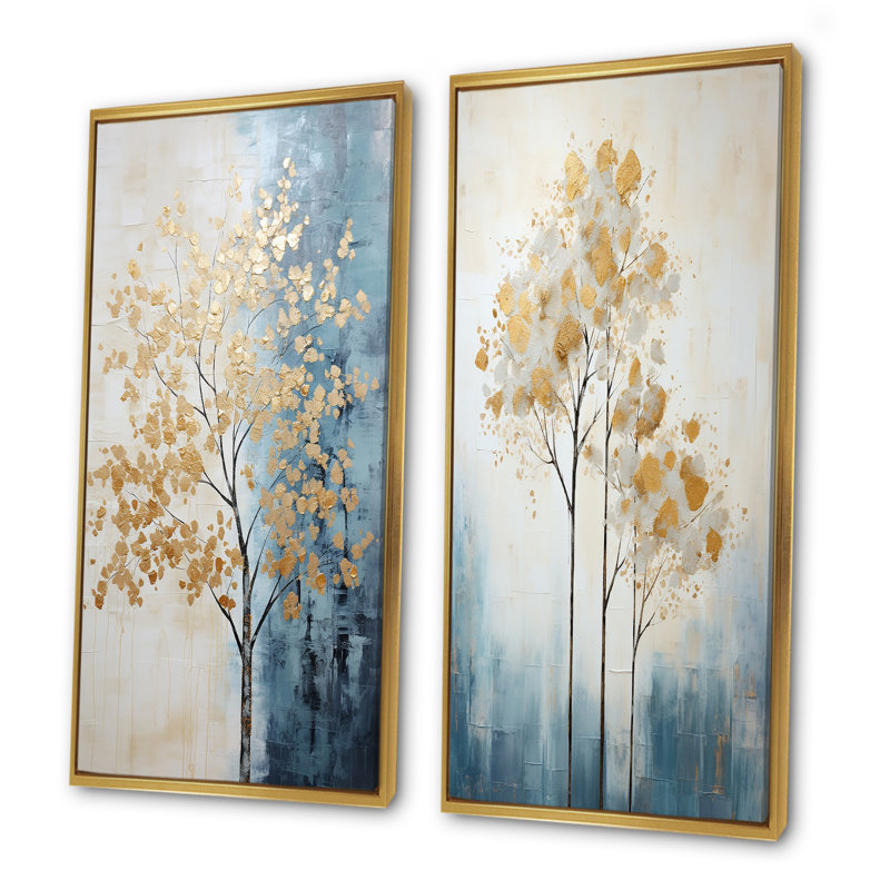 Or et bleu arbres harmonieux - ensemble d'art mural sur toile Trees of 2, Cadre flottant doré, H 32 po x l 33 po