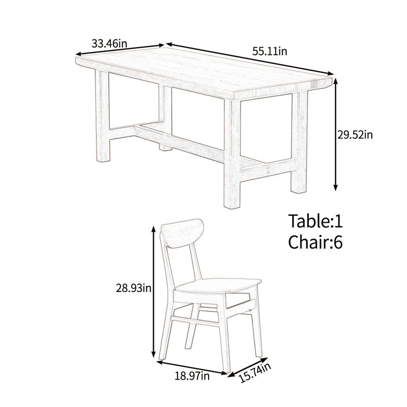 Solid wood solid large table set, 29.52"H x 55.11"L x 33.46"W, Dark Brown