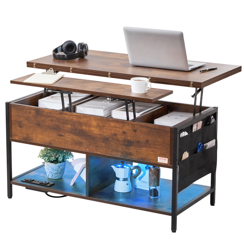 VEVOR Lift Top Coffee Table 39.4" Rectangle Coffee Table with Light & USB, Brown