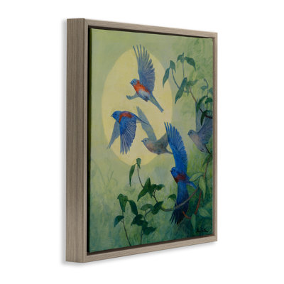 Bluebird Flock over Moon Framed Floater Canvas Wall Art, design by Floy Zittin