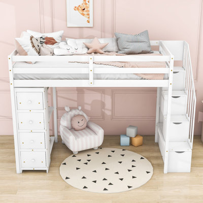 Henoch Twin Size Wood Loft Bed With 4 Drawers,Shelves And Stairs by Harriet Bee