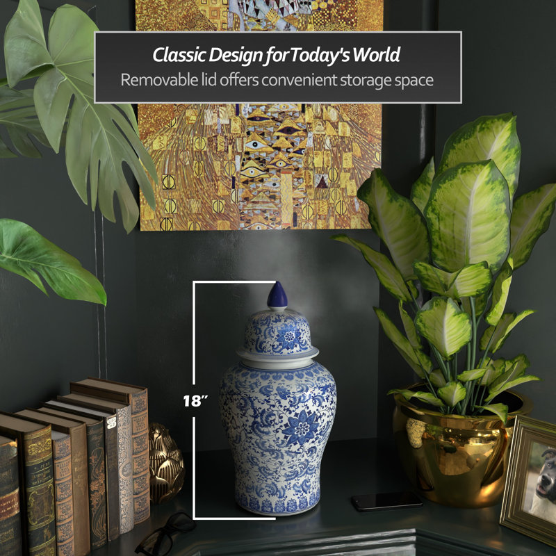 Timeless Chinese Temple Jar, Blue Floral, 18"