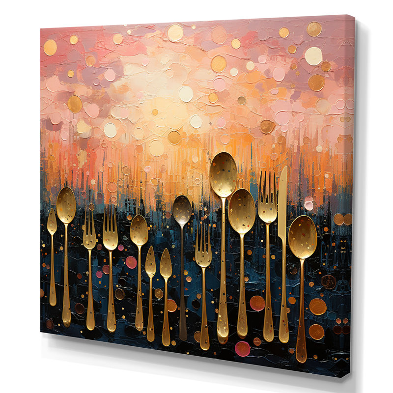 Couvert de cuisine doré sur un lever de soleil rose - art mural de cuisine, H 16 po x l 16 po x P 1 po