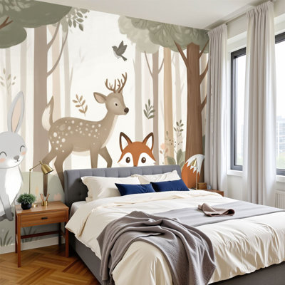 Peel and Stick Wallpaper Cute Forest Animals Deer Fox Rabbit Bird Soft Neutral Colors Wall Murals 100"H x 144"W Removable PVC Wall Paper Self-Adhesive Wall Decor for Bedroom Living Room Home Office