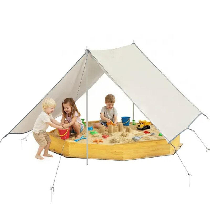 Bac à sable jaune en bois octogonal pour enfants avec grand auvent, 4 bancs intégrés et doublure inférieure