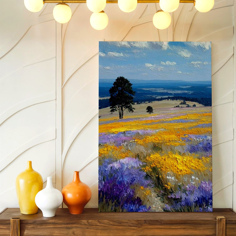 Reproduction d'art sur toile Wildflower Meadow Landscape, champ, arbre, chemin, ciel bleu, 18 x 24 in