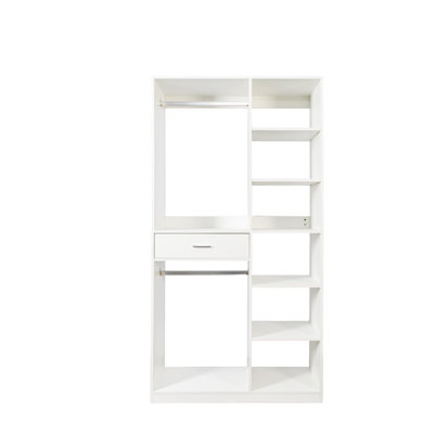 Freestanding Closet System, Stand-Alone Wardrobe with 6 open Shelves,74.8'' Heigh Closetwith 1 Wood Drawers, Wood Walk-in Closet with 2 Hanging Rod, White
