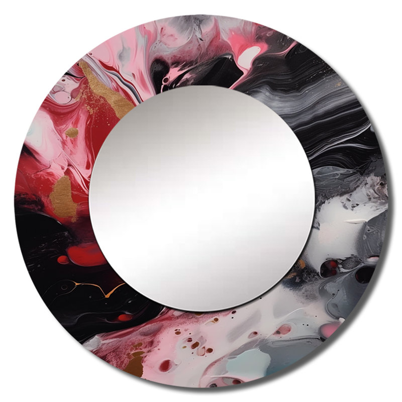 Quesha Red and Black Marble Whispers IV - grand miroir mural, miroir mural rond rouge, impression d'art en métal