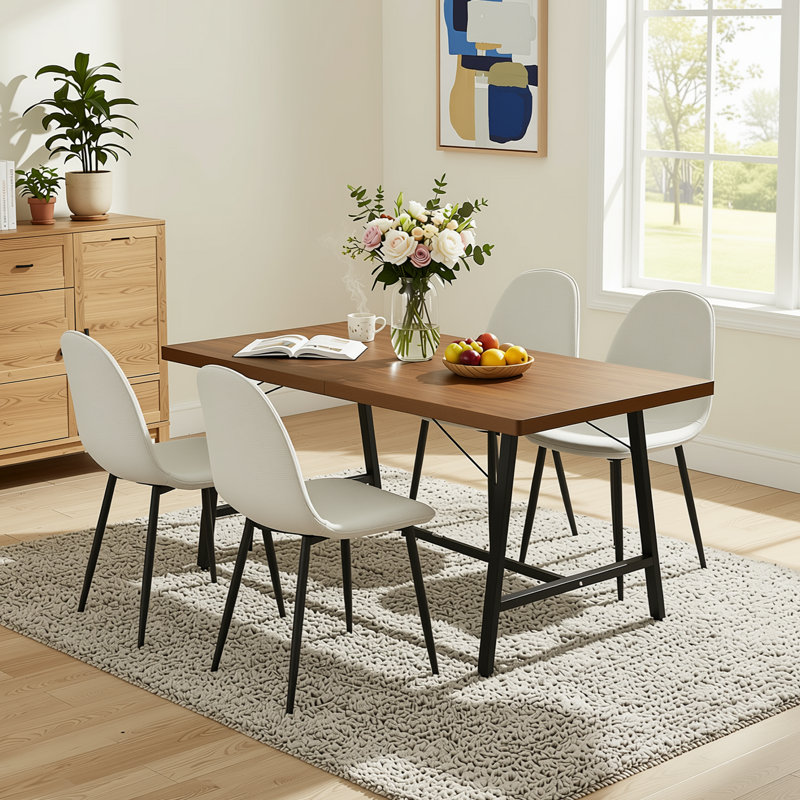 63" 5-Piece Rectangular Dining Table Set with 4 Upholstered Chairs, Modern Wood-Look Kitchen Dining Set with Metal Frame