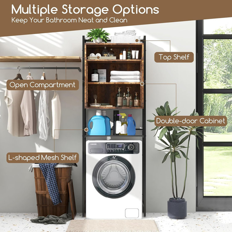 Over The Toilet Storage Cabinet, 5-Tier Bathroom Space Saver W/2 Metal Mesh Doors & 3-Position Adjustable Shelf, Freestanding Storage Cabinet W/Heavy Duty Metal Frame (Rustic, Brown)