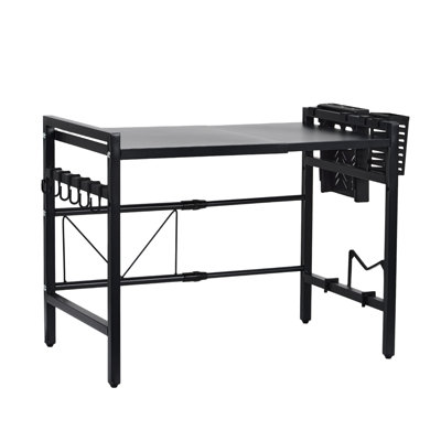 Adjustable Expandable Microwave Stand – Black Metal Kitchen Counter Shelf with Hooks – Single-Tier Heavy Duty Storage Organizer for Appliances and Utensils