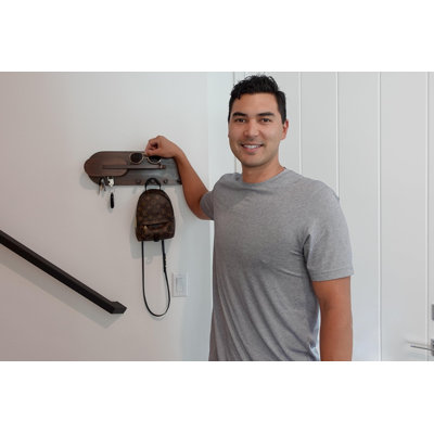 Solid Wood Mail And Key Holder For Wall Decorative Display - Includes Mail Holder, Shelf With Hooks For Keys & Pegs For Hanging Hats, Coats, Bags, Backpacks & More - Sleek Modern Design, Walnut Brown