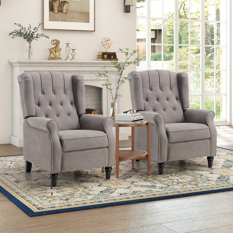 29.5" Wide Classic Push Back Recliner with Thufted Back and Rivets (Set of 2), Gray