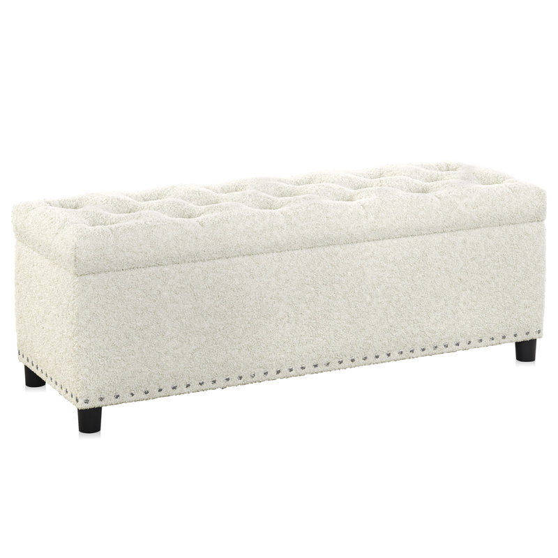 Upholstered Ottoman, White Teddy Fleece, Black