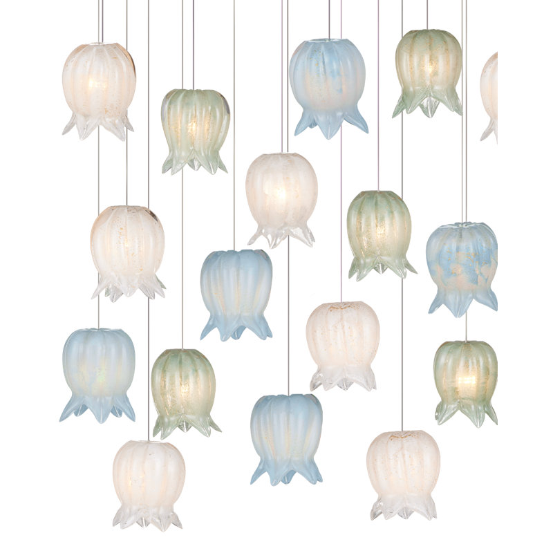 Polpo 7-Light Round Multi-Drop Pendant, 13" H x 54" W x 18" D, Blue/Green/White, 4500 Lumens