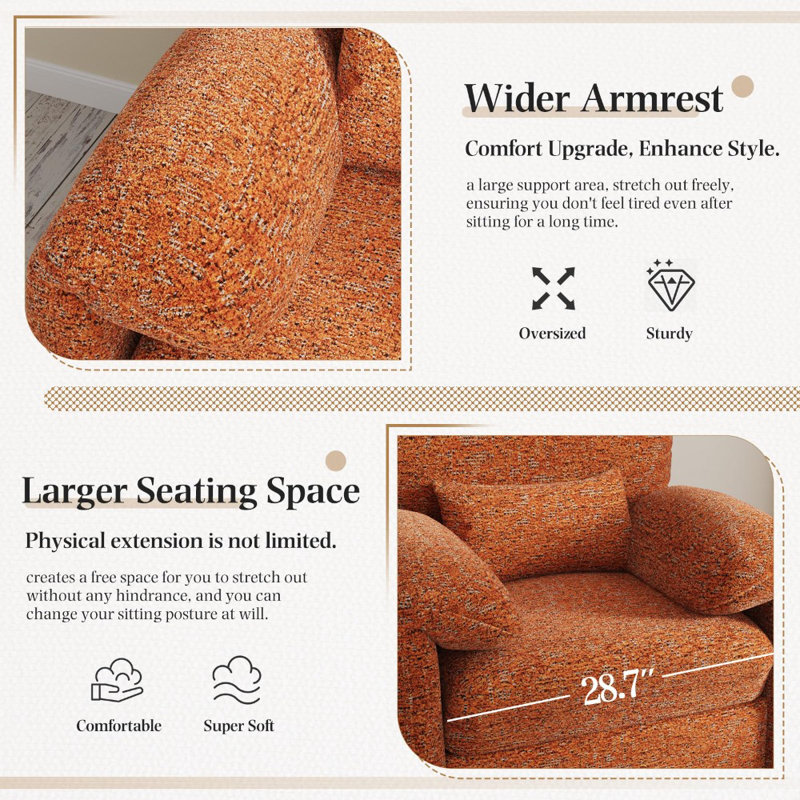 Fauteuil surdimensionné avec accoudoirs confortables Mid-Century, Chenille orange