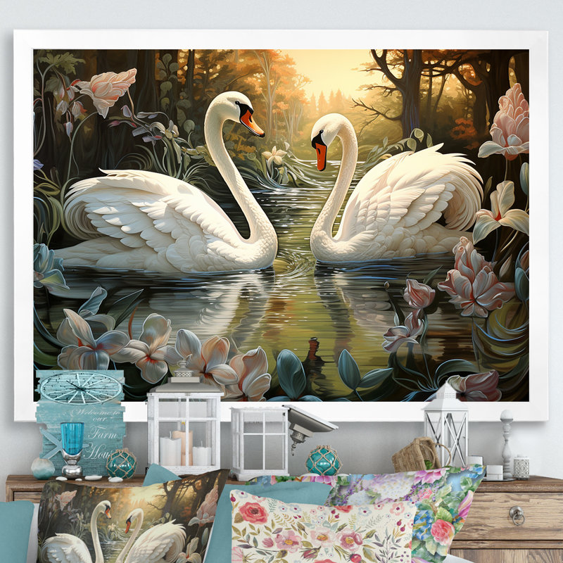 Cygnes et amour éternel sur toile, H 34 po x l 44 po x P 1,5 po, Cadre photo blanc
