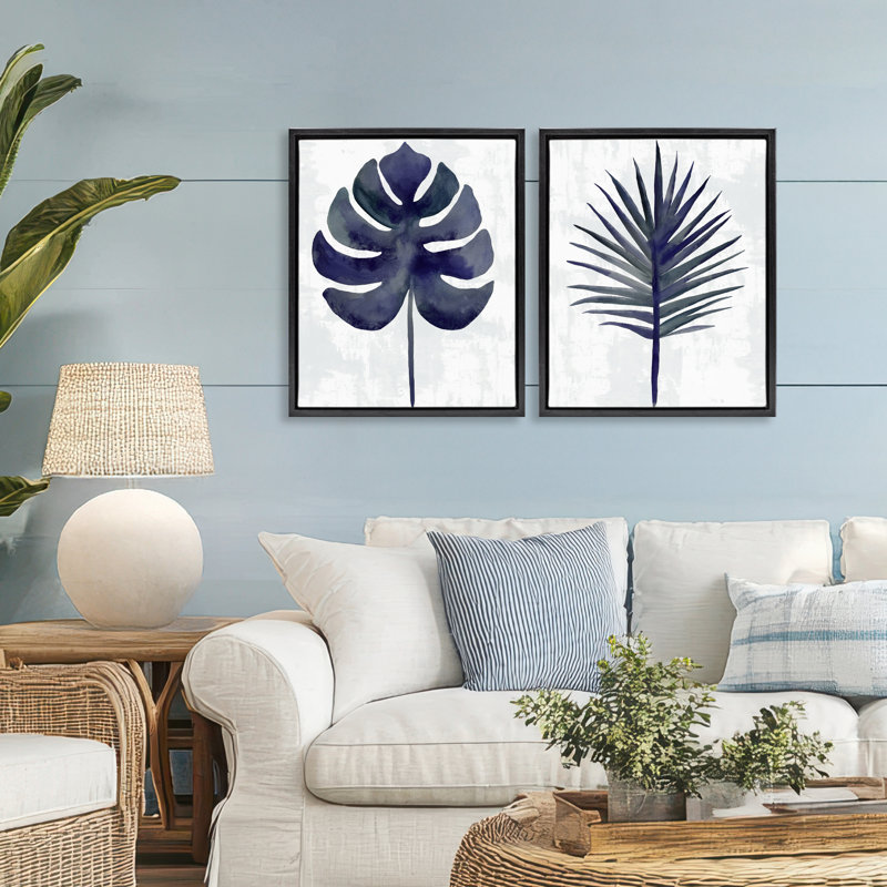 Ensemble de cadres flottants 2 pièces marine Monstera & Fan Palm, design par Christie Adams, Noir, H 21 po x l 17 po