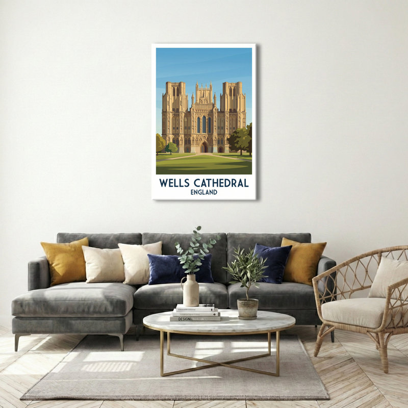 Wells Cathedral, England - Romantic Gothic Travel Poster of Somerset's Medieval Jewel. Giclee Print on Wrapped Canvas. Wall Art, Home Decor - Religious & Cultural Sites, England 1 Piece Wrapped Canvas Wall Art