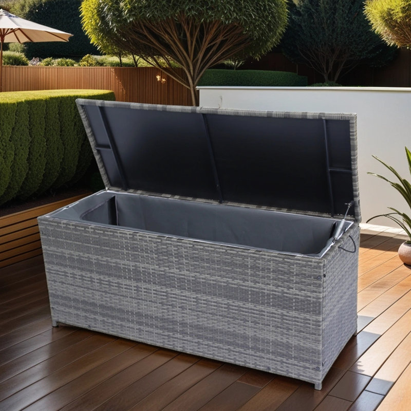 Boîte de rangement extérieure pour terrasse - gris 113 gallons. Avec couvercle. Doublure imperméable amovible, cadre rouille. Idéal pour le patio, la piscine, le jardin. Bac à patio Avec intérieur léger et imperméable. Utilisation