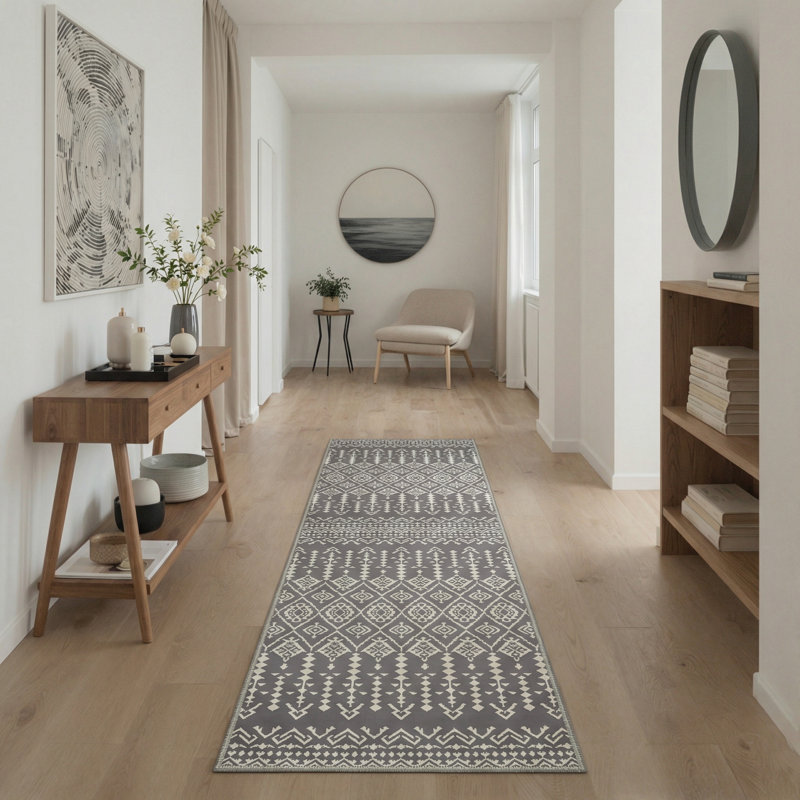 Zennor Boho Oriental Machine Washable Grey / Beige Indoor Area Rug with Non-Slip Backing, Runner 2' x 6'