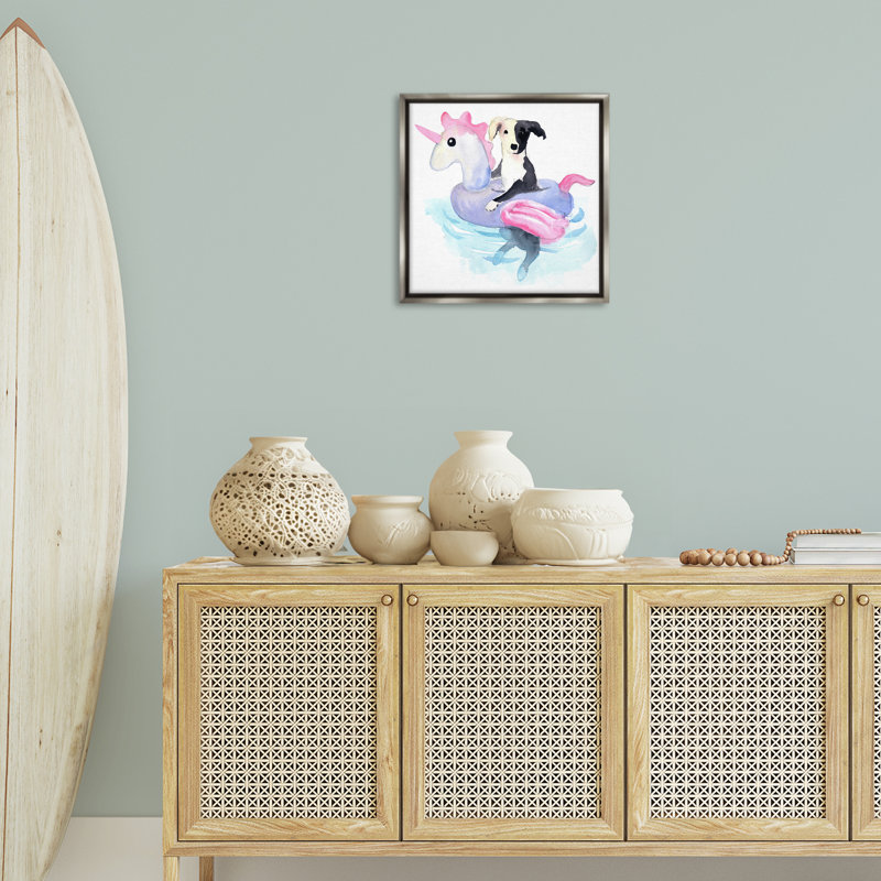 «Sandy Dog Pool Float» par Geoff Allen, H 18 po x l 18 po, Cadre flottant métallique doré