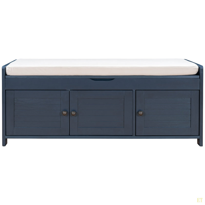 Storage Bench With 3 Shutter-Shaped Doors, Shoe Bench With Removable Cushion And Hidden Storage Space, Antique Navy