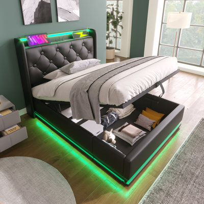Lit simple tapissier, lumière DEL à 360 degrés, télécommande bouton APP, lit de rangement hydraulique avec fonction de charge USB Type-C