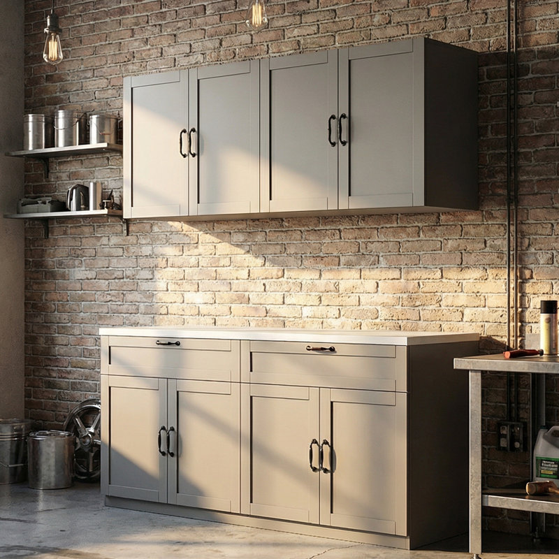 Split 8 Door 2 Drawer Garage Cabinet With Worktop, Gray