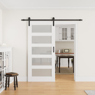 36" × 80" Tempered Frosted Glass Sliding Barn Door with Finished Surface, Ready to Use All Installation Hardware Kit Included, Can Be Repainted, No Assembly Required