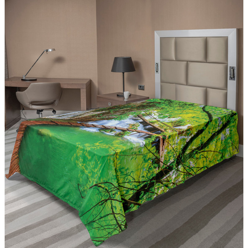 Ambesonne Nature Top Flat Sheet Cascade Trees Greenery Twin Green Grey