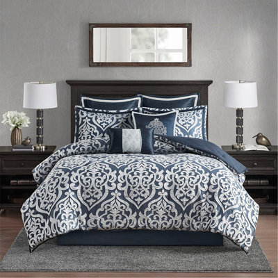 Ensemble d'édredon 8 pièces jacquard bleu marine / argenté
