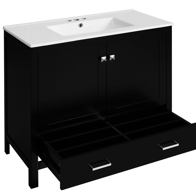 Meuble-lavabo noir 72 po avec lavabos en céramique, structure en bois massif et rangement intelligent pour les poignées doubles en alliage de zinc de 72 po, trou de trop-plein hygiénique