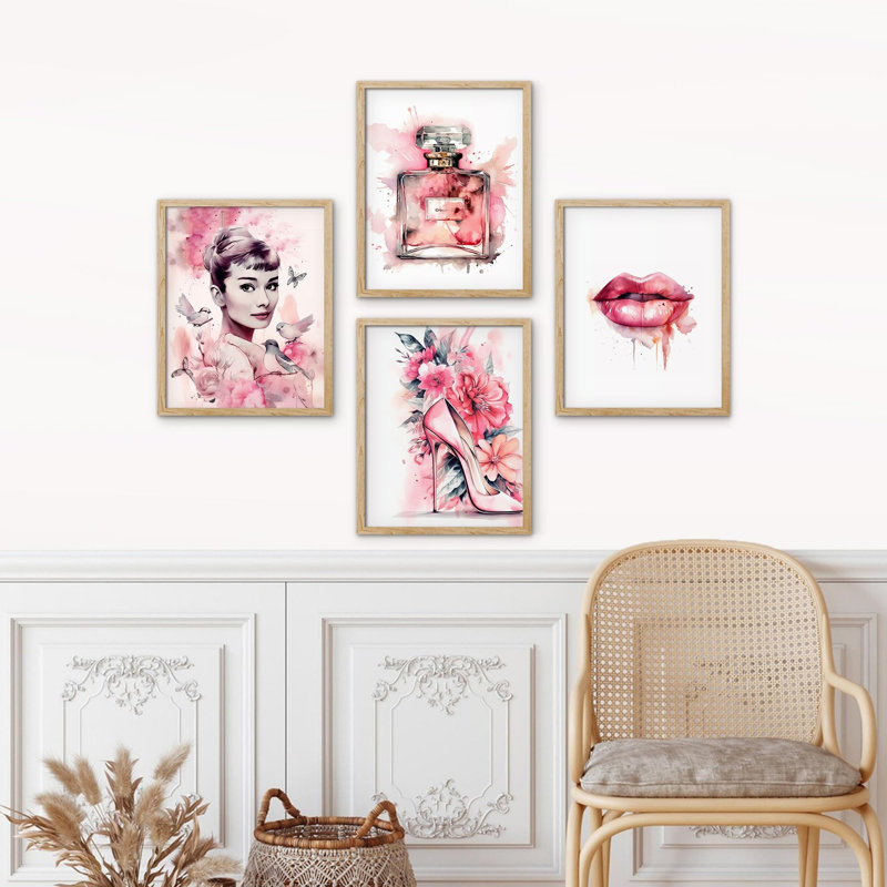 Actrice, rouge à lèvres, bouteille de parfum française, talon haut, impression sur papier, 4 pièces, Naturel
