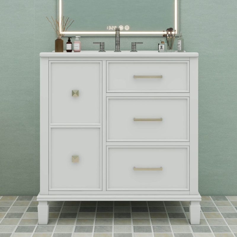Meuble-lavabo moderne 30 po avec meuble-lavabo en céramique et tiroir escamotable, Blanc