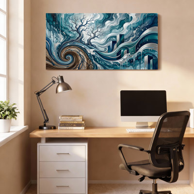 Ensemble de 1 tableau sur toile représentant des vagues abstraites et un arbre