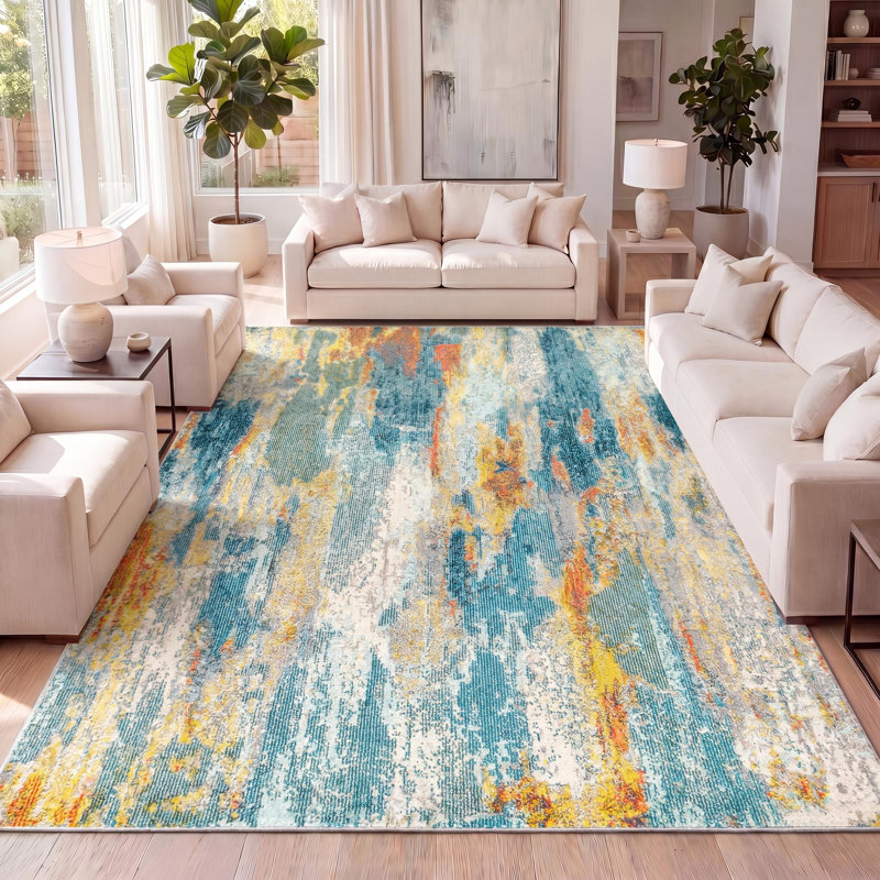 Lasley Contemporary POP Modern Abstract Vintage Waterfall Blue/Cream/Yellow Rug, Rectangle 7'9" x 10'