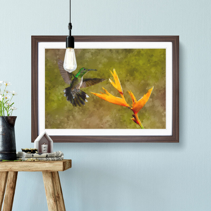 Hummingbird by a Flower - Picture Frame Painting Print, 24cm H x 33cm W x 2cm D, Walnut Framed