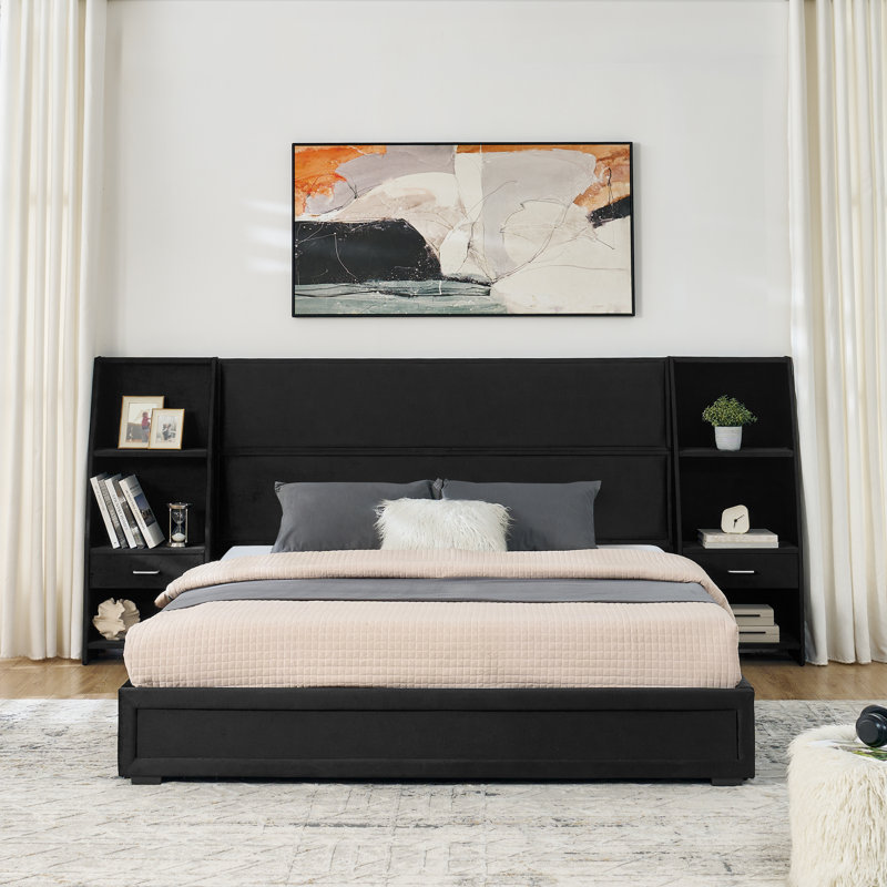 Lits de rangement, plateforme grand en panneau de fibres à densité moyenne avec tête de lit en velours moderne pour la maison