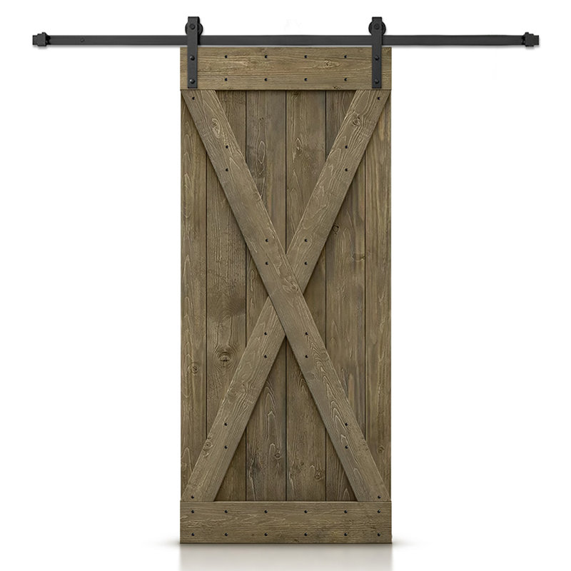 Porte de grange à panneaux et en bois avec quincaillerie d'installation, 26 po x 84 po, Tonneau vieilli, Noir mat