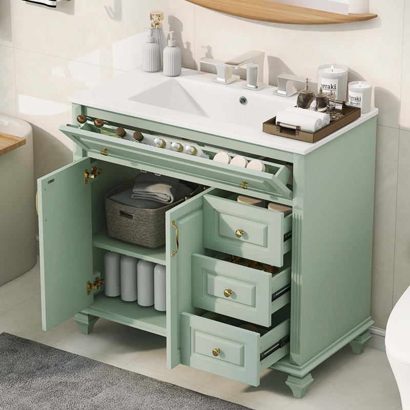 Meuble-lavabo 36 po avec tiroir rabattable, 3 tiroirs et 2 portes, conception élégante avec poignées en métal, Vert
