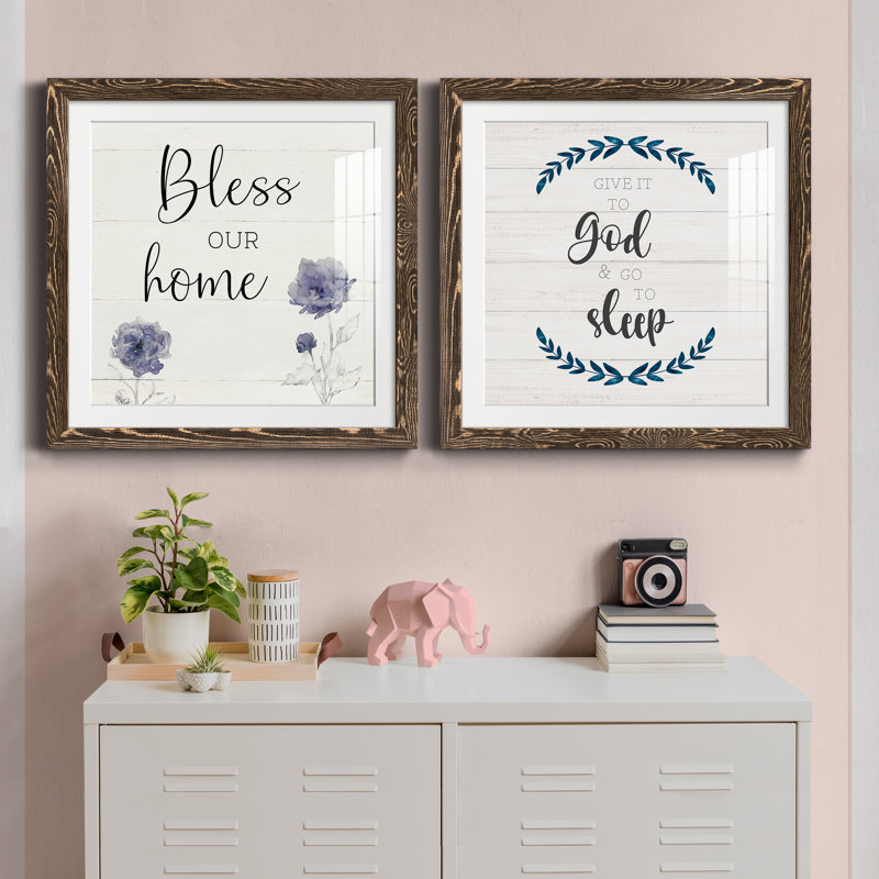 «Bless our home», ensemble de 2 encadrements d'art textuel, H 27,5 po x l 55 po x P 1,5 po, Encadré de bois de noyer