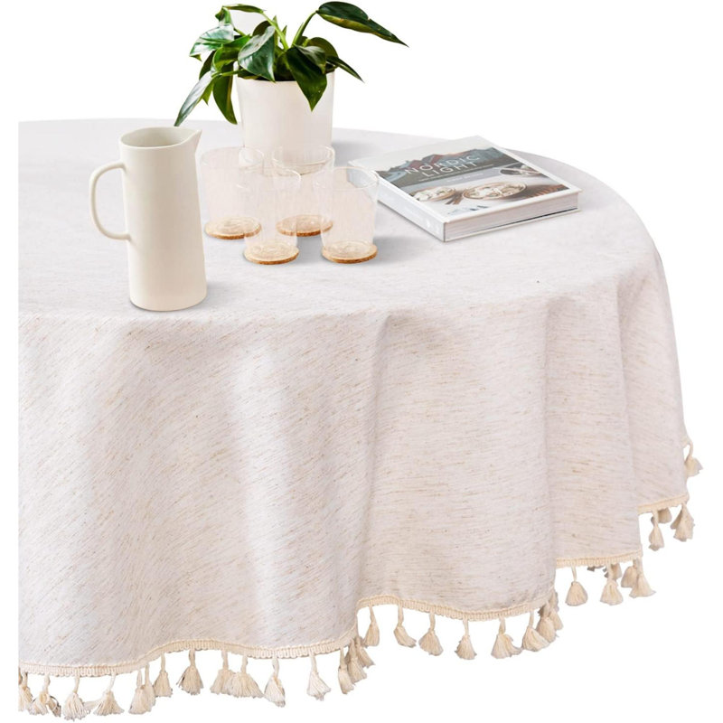 Table Cloth Round Table, Heavy Duty Linen Look Waterproof Tablecloths Farmhouse Tablecloth, Soft And Wrinkle Free Table Cover  Tassels For Kitchen Dining, Party
