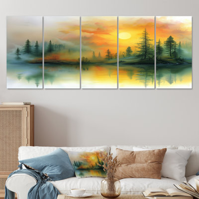 Green Yellow Sunrise Fog In The Forest I - Forest Canvas Art Set