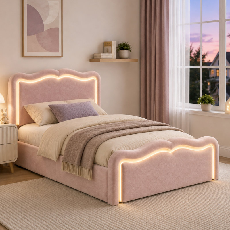 3FT Single Ottoman Bed Frame with Hydraulic Storage & LED Lights, Pink