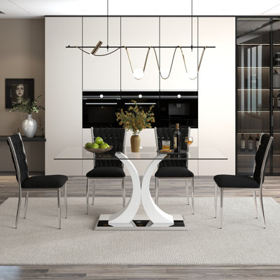 Modern Glass Dining Set, Silver Metal Base & 4/6 Velvet Chairs for Kitchen, Dining