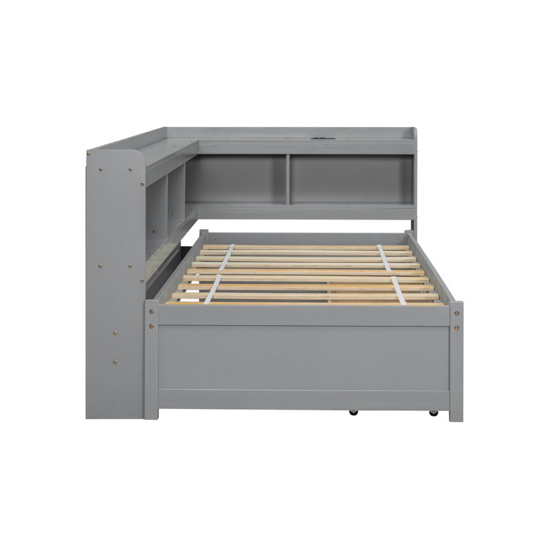 Grey L-Shaped Bookcases Twin Bed With Ports & Storage Drawers - Enhance Your Bedroom Power Outlets, Grey, 2 Boxes Space Maximizing Furniture