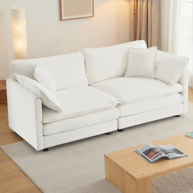 Canapé-lit moderne en chenille pour 2 places avec 4 coussins, siège profond et options de combinaison flexibles, Blanc