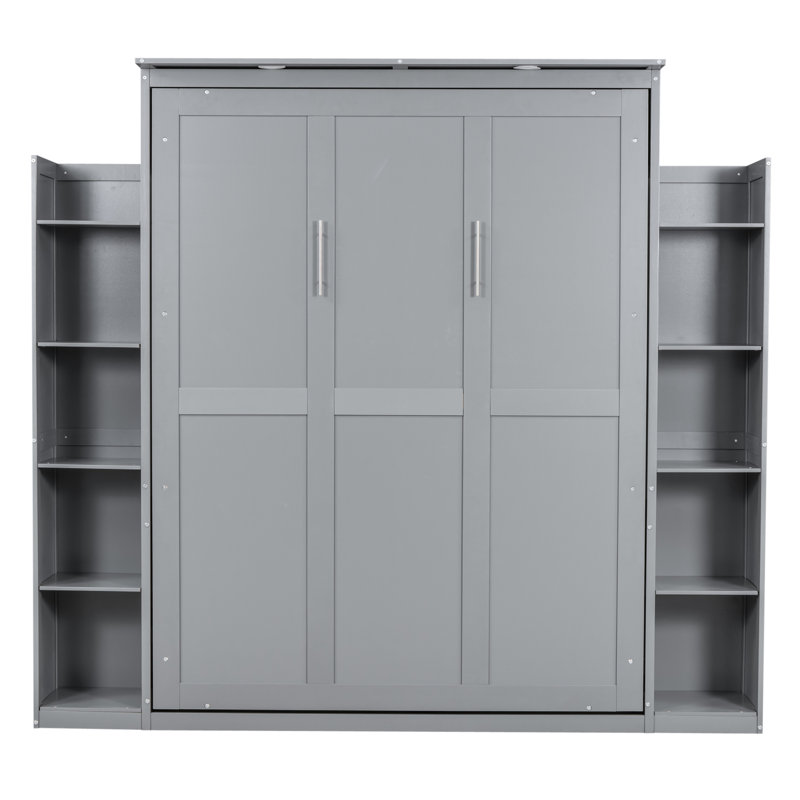 Grand lit mural gris avec tablettes et lumières DEL, escamotable pour petit appartement, courbes de corps à lattes flexibles, matelas pliable de 8 pouces